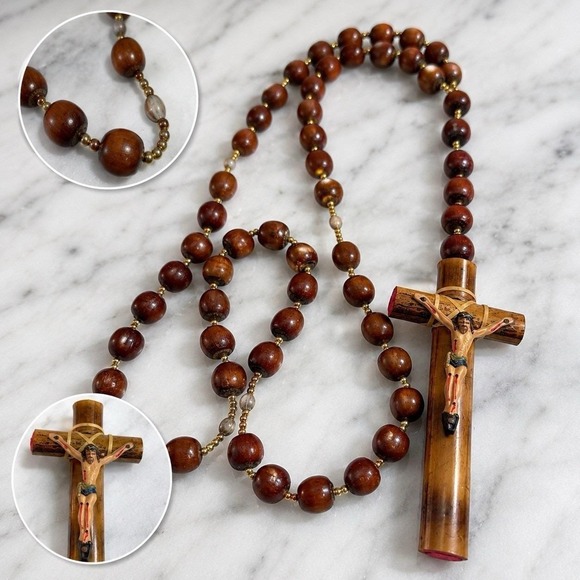 Jewelry - Vintage Bamboo Catholic Rosary Crucifix Cross Prayer Beads Religious Necklace